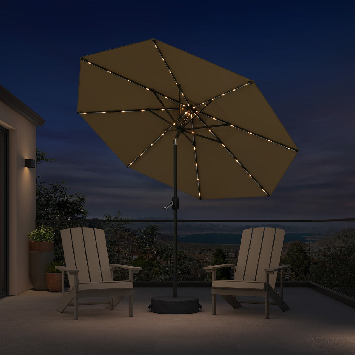 PURPLE LEAF – Parasol de marché inclinable à structure noire avec éclairage et base pour table de terrasse
