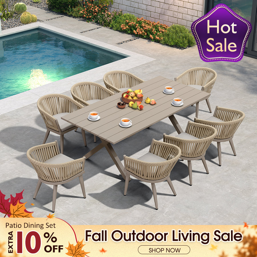 PURPLE LEAF – Ensemble repas extérieur 7/9/11 pièces avec table en aluminium et chaises en rotin tressé, mobilier moderne de terrasse