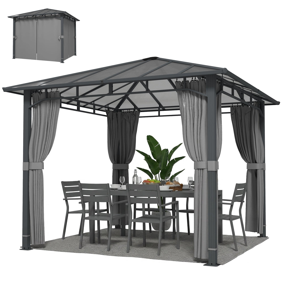 Pavillon à toit rigide 3 x 3 m avec toit en polycarbonate et rideaux, Tan