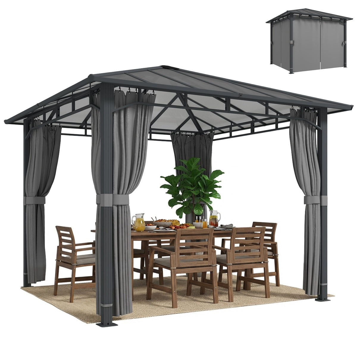Pavillon à toit rigide 3 x 3 m avec toit en polycarbonate et rideaux, Tan