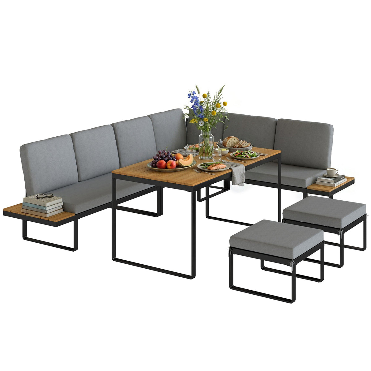 FlexNook – Ensemble canapé d’angle 6 pièces pour 6-8 personnes, structure en aluminium avec coussins, gris