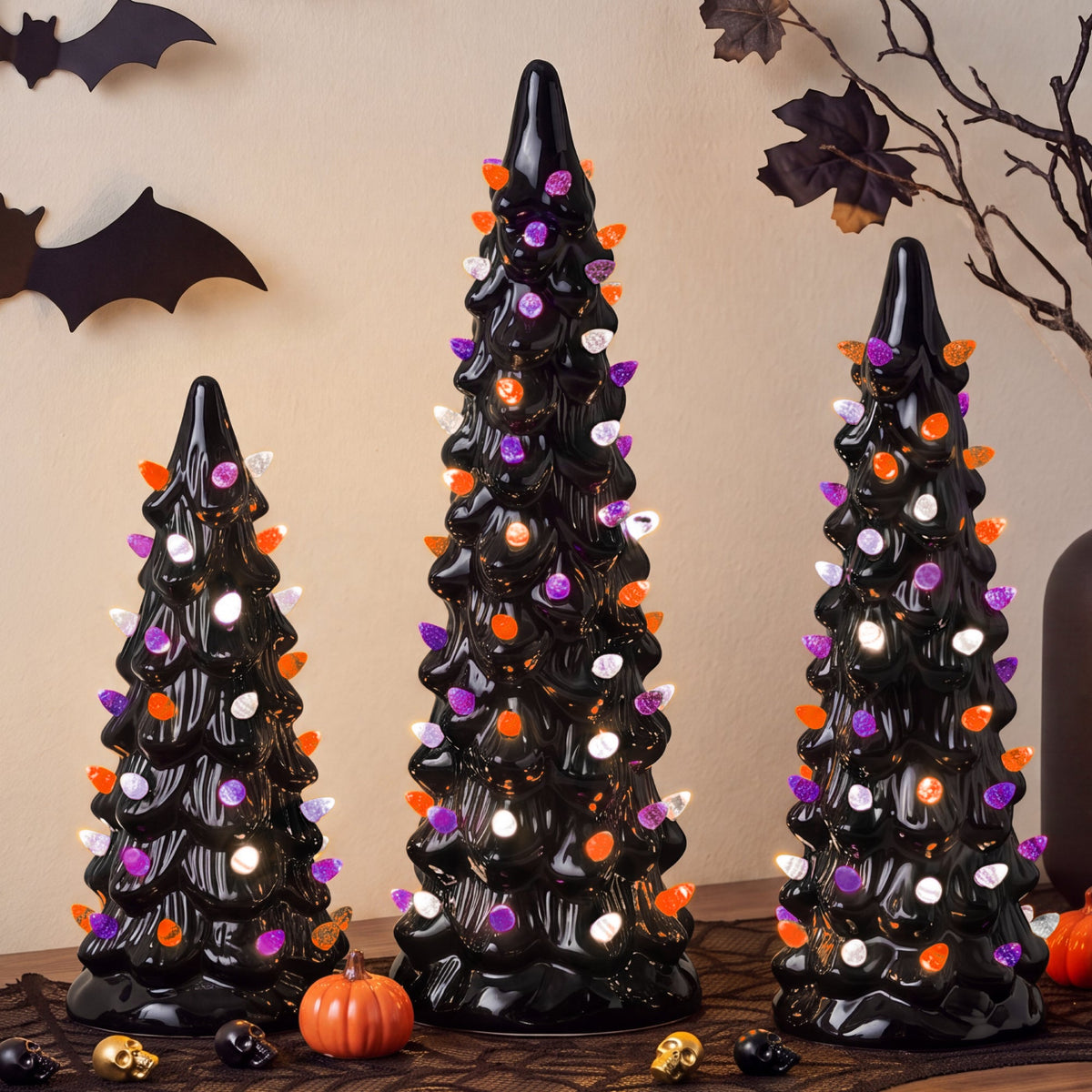 3Pc Ceramic Halloween Trees, Pre-Lit Pencil Tabletop Decoration LEDs - Best Choice Products