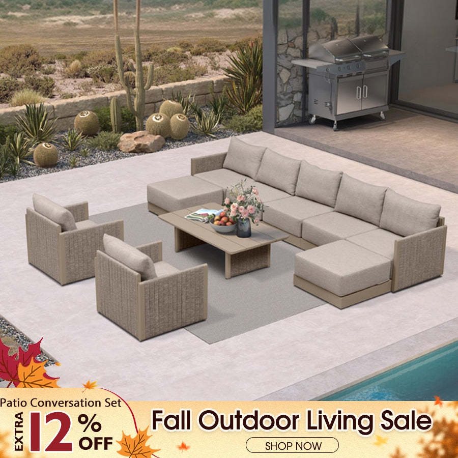 PURPLE LEAF Sanori – Canapé d’angle extérieur symétrique beige, design modulaire avec coussins et ottoman pour porche