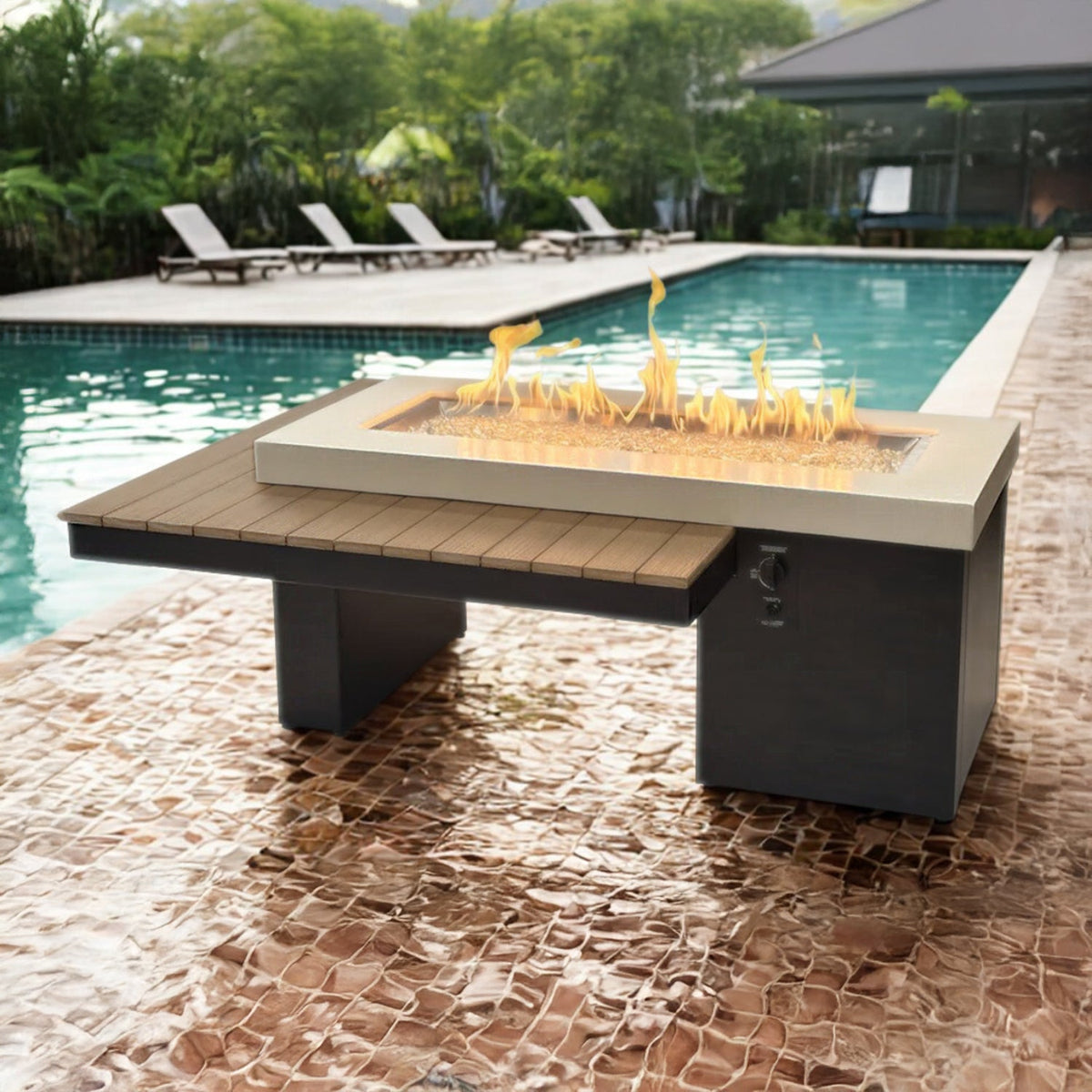 Uptown Antique Mahogany – Table brasero linéaire à gaz avec pare-feu en verre – UPT-1242-AMH/GG-1242