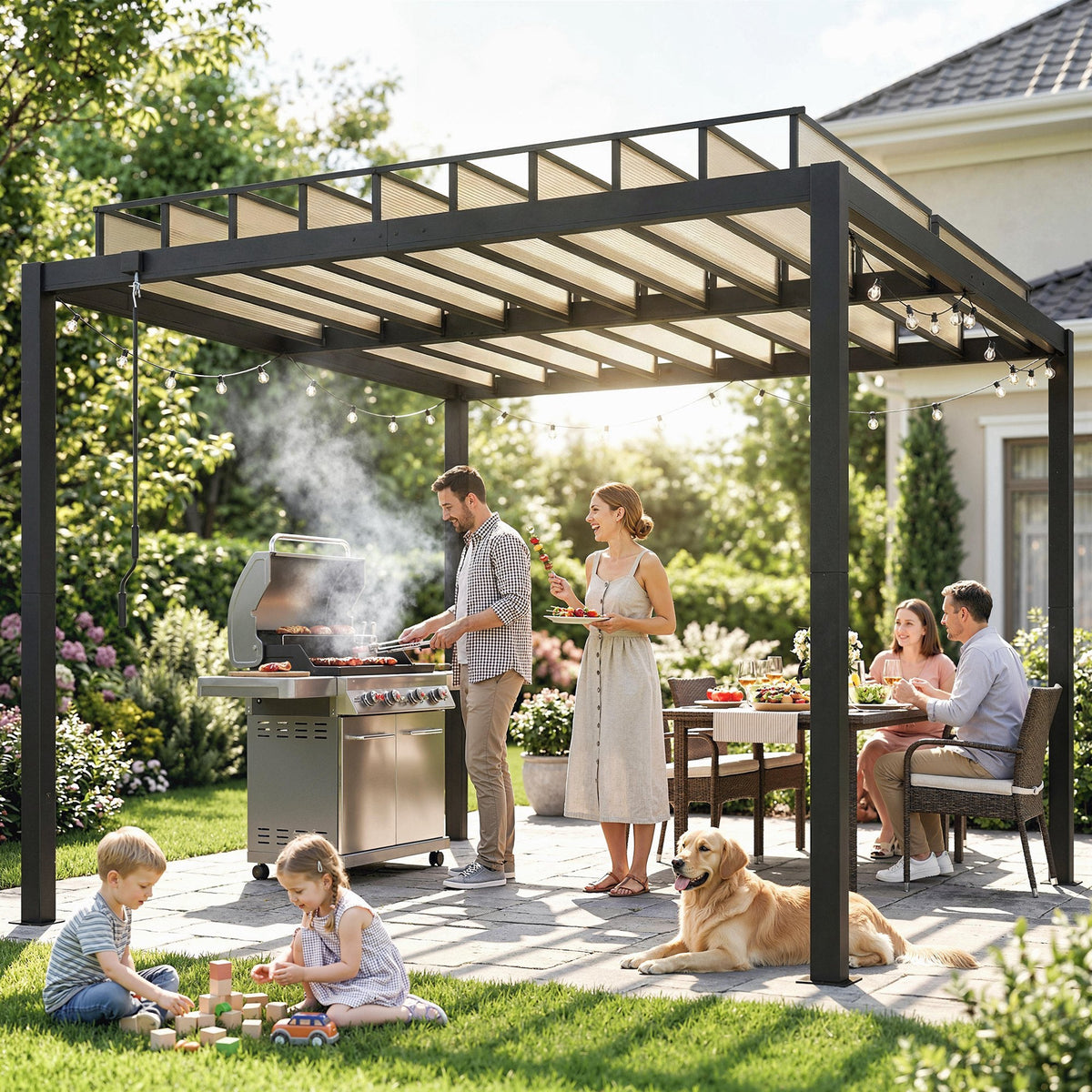 Pergola à lames orientables 3 x 3 m avec toit réglable et gouttières, Coffee
