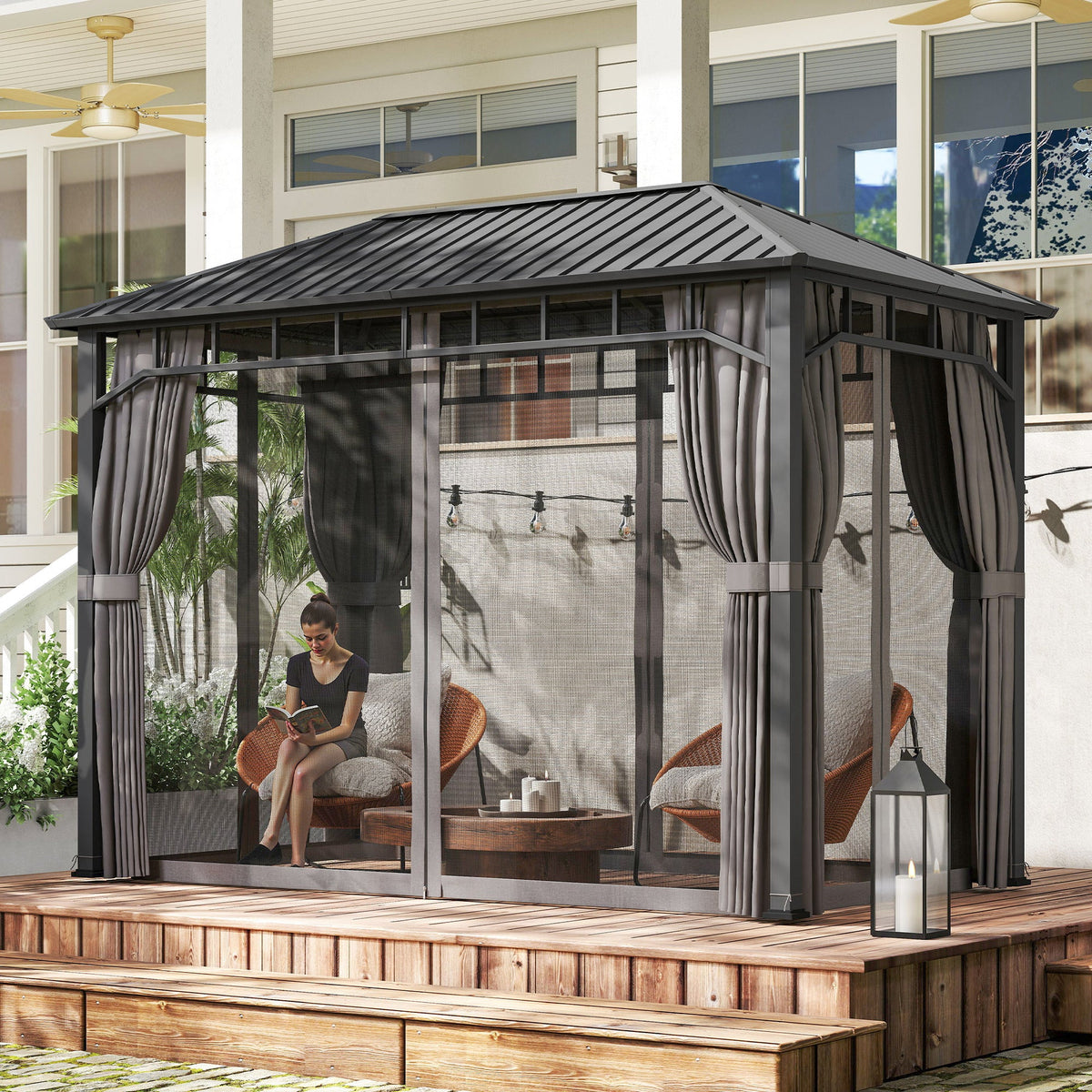 Pavillon à toit rigide 2 x 3.5 m avec toit galvanisé, moustiquaires et rideaux, gris foncé