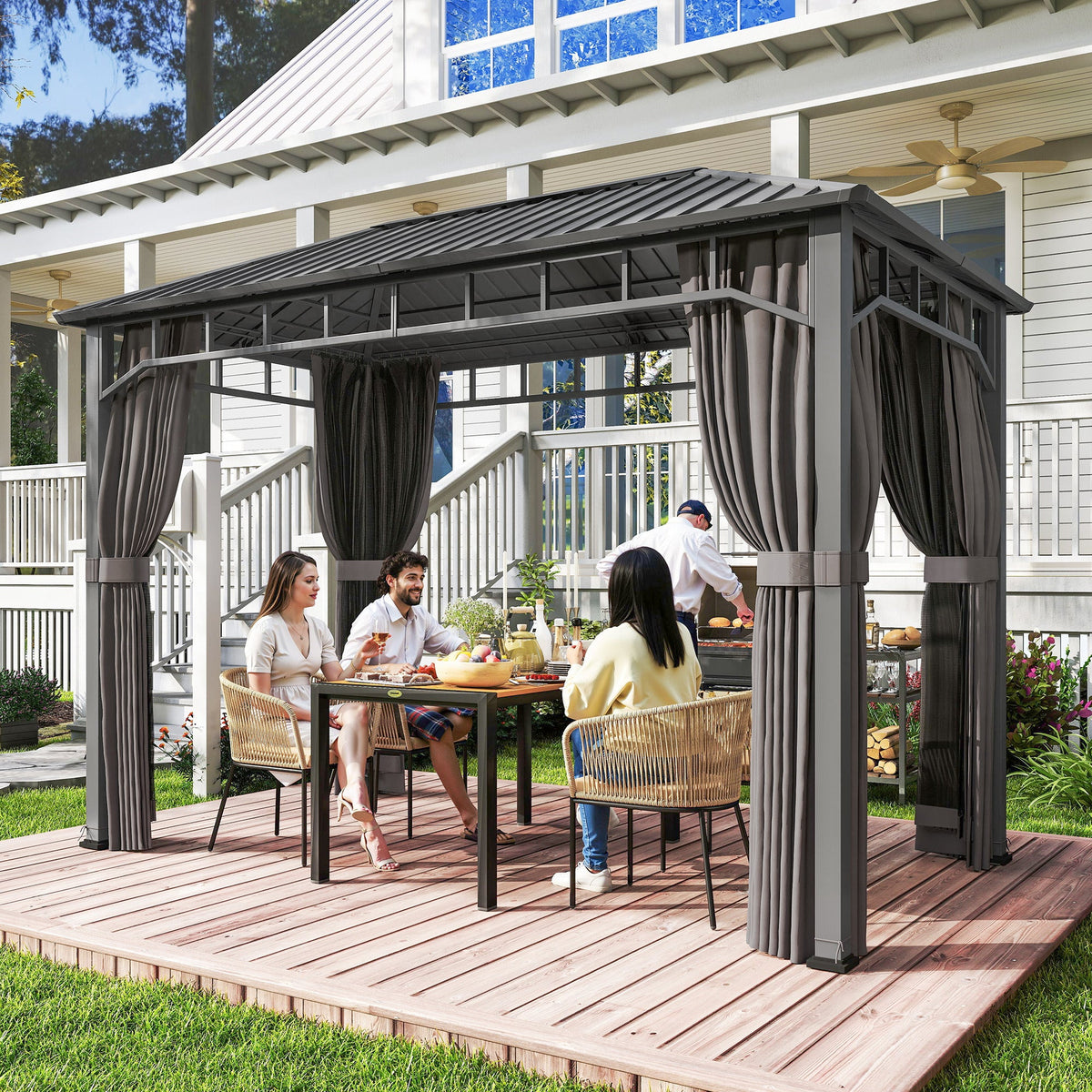 Pavillon à toit rigide 2 x 3.5 m avec toit galvanisé, moustiquaires et rideaux, gris foncé