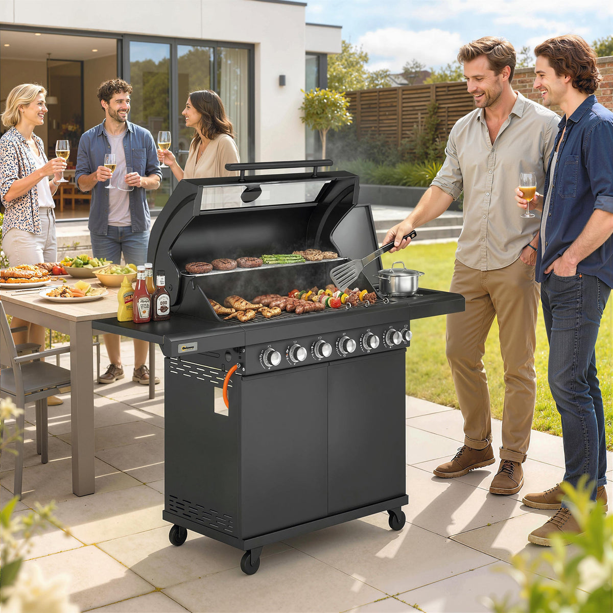 Barbecue à gaz 6+1 brûleurs avec meuble et fenêtre de contrôle, noir