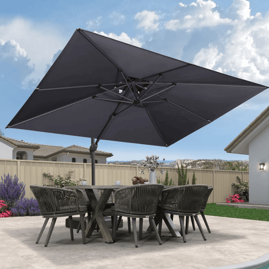 PURPLE LEAF – Parasol déporté de terrasse avec mât gris et protection UV