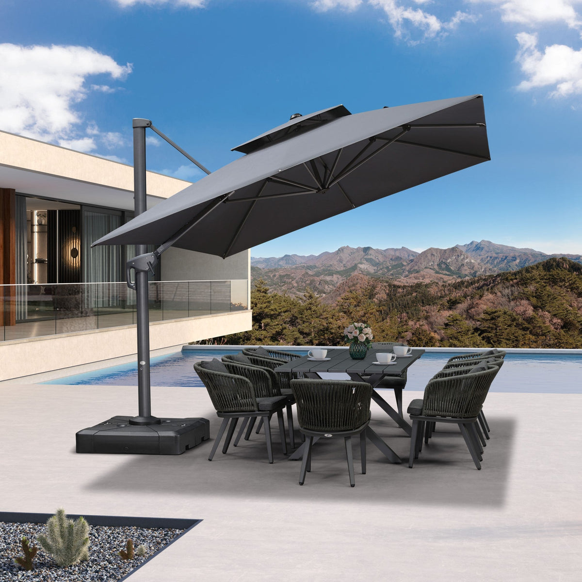 PURPLE LEAF – Ensemble table et parasol de terrasse, parasol extérieur déporté 10×13 ft avec mât gris et base