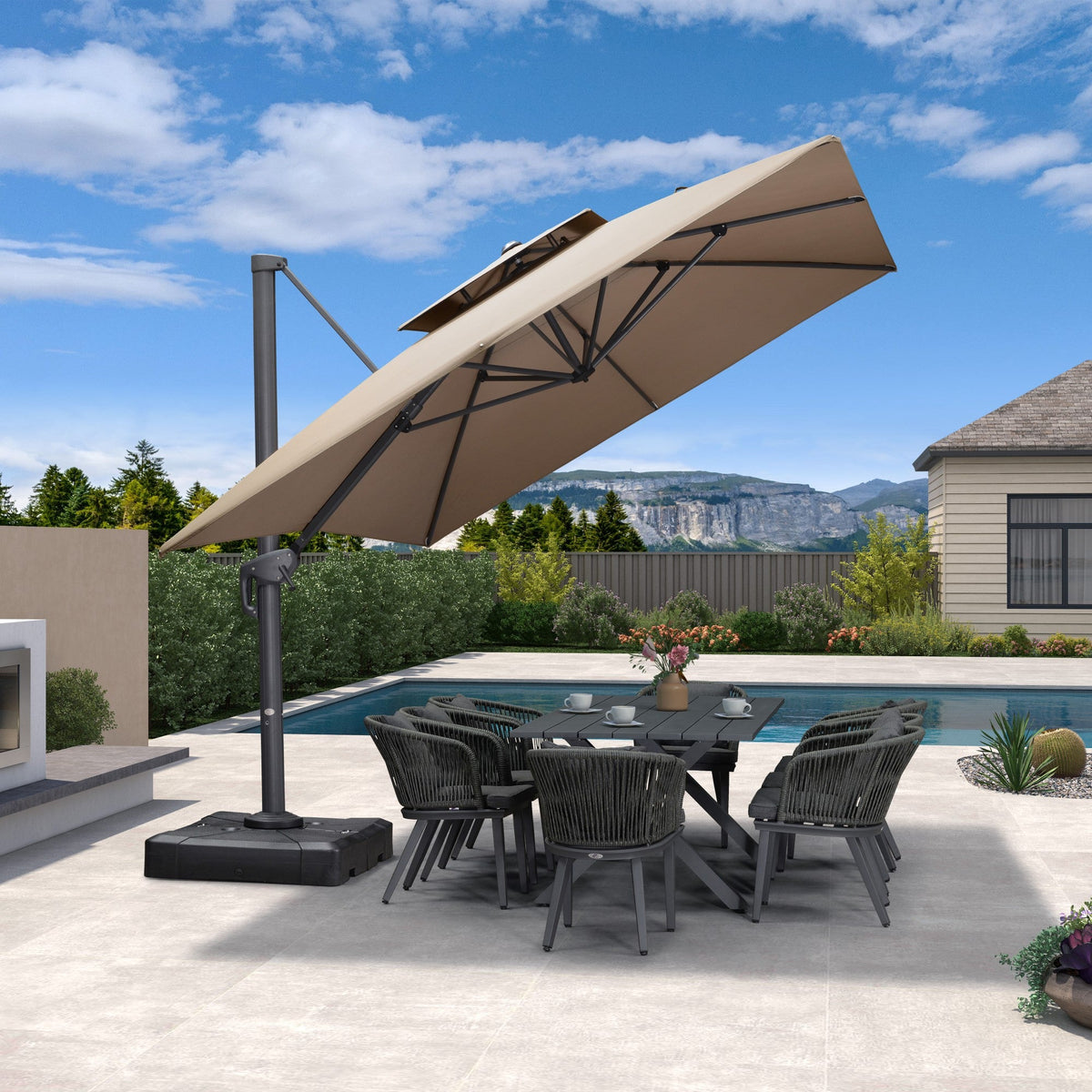PURPLE LEAF – Ensemble table et parasol de terrasse, parasol extérieur déporté 10×13 ft avec mât gris et base