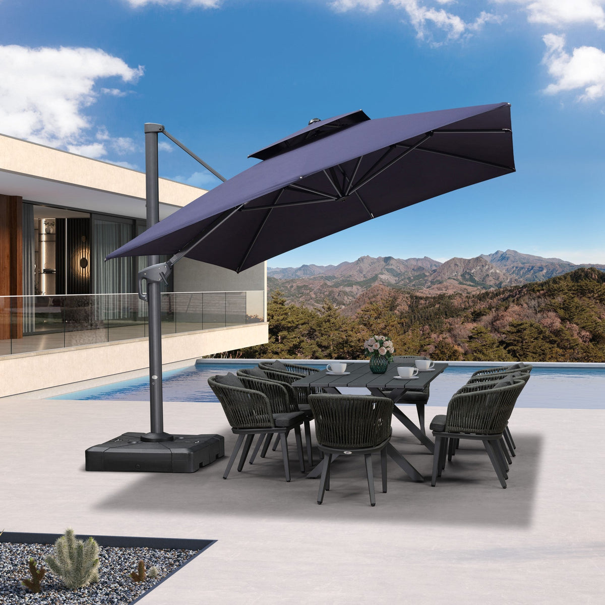 PURPLE LEAF – Ensemble table et parasol de terrasse, parasol extérieur déporté 10×13 ft avec mât gris et base