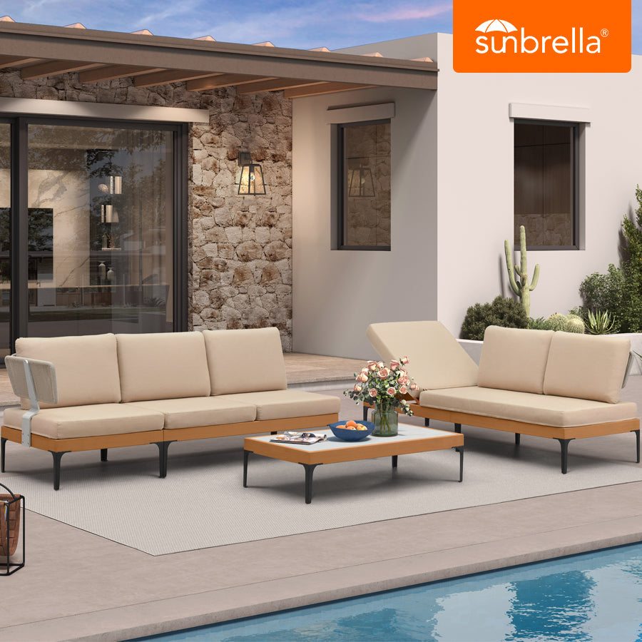 PURPLE LEAF Sicilia – Canapé d’angle extérieur modulaire en L avec coussins Sunbrella kaki, configuration flexible pour bord de piscine