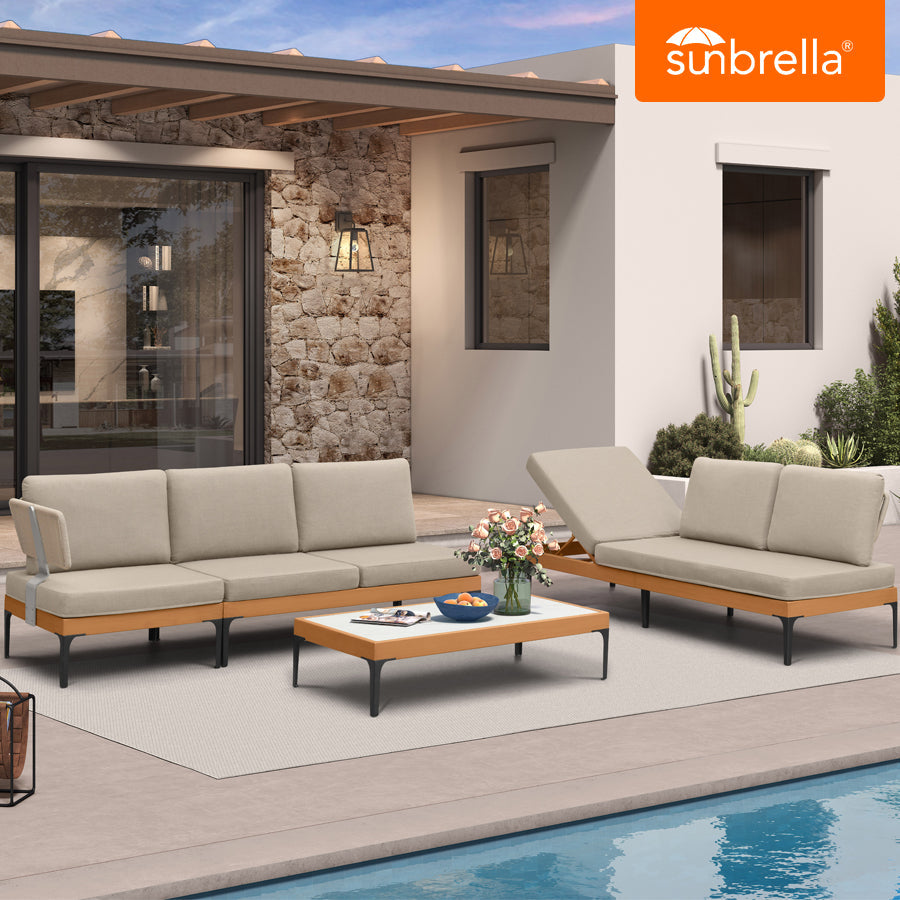 PURPLE LEAF Sicilia – Canapé d’angle extérieur modulaire en L avec coussins Sunbrella Taupe, configuration flexible pour terrasse moderne