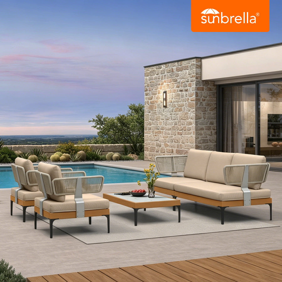 PURPLE LEAF Sicilia Classical – Canapé d’angle extérieur modulaire avec coussins Sunbrella kaki, configuration flexible pour espace détente de porche