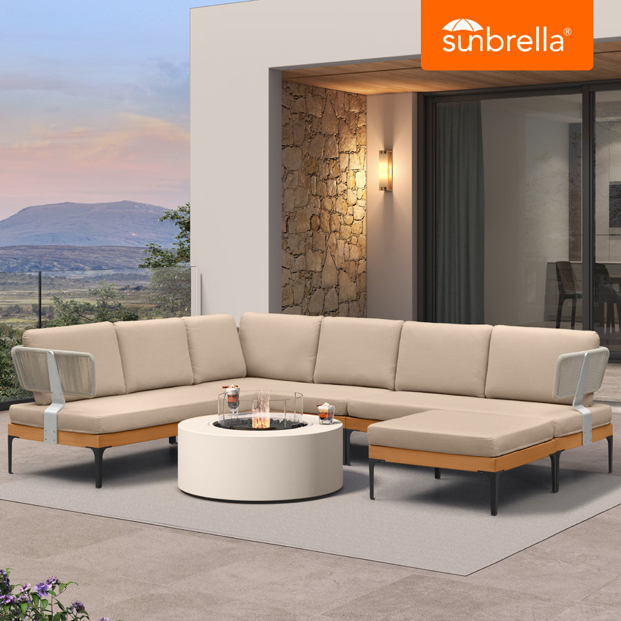 PURPLE LEAF Sicilia – Canapé d’angle extérieur modulaire en L avec coussins Sunbrella kaki, configuration flexible pour bord de piscine