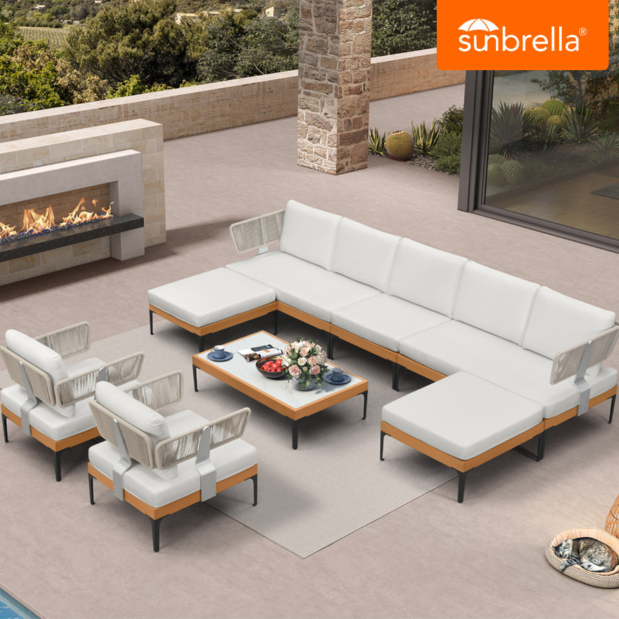 PURPLE LEAF Sicilia Classical – Canapé d’angle extérieur modulaire avec coussins Sunbrella blancs, configuration flexible pour terrasse style boutique-hôtel