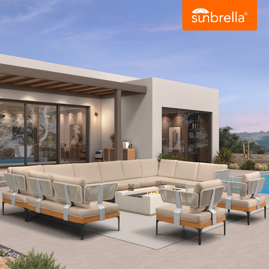 PURPLE LEAF Sicilia Classical – Canapé d’angle extérieur modulaire avec coussins Sunbrella kaki, configuration flexible pour espace détente de porche