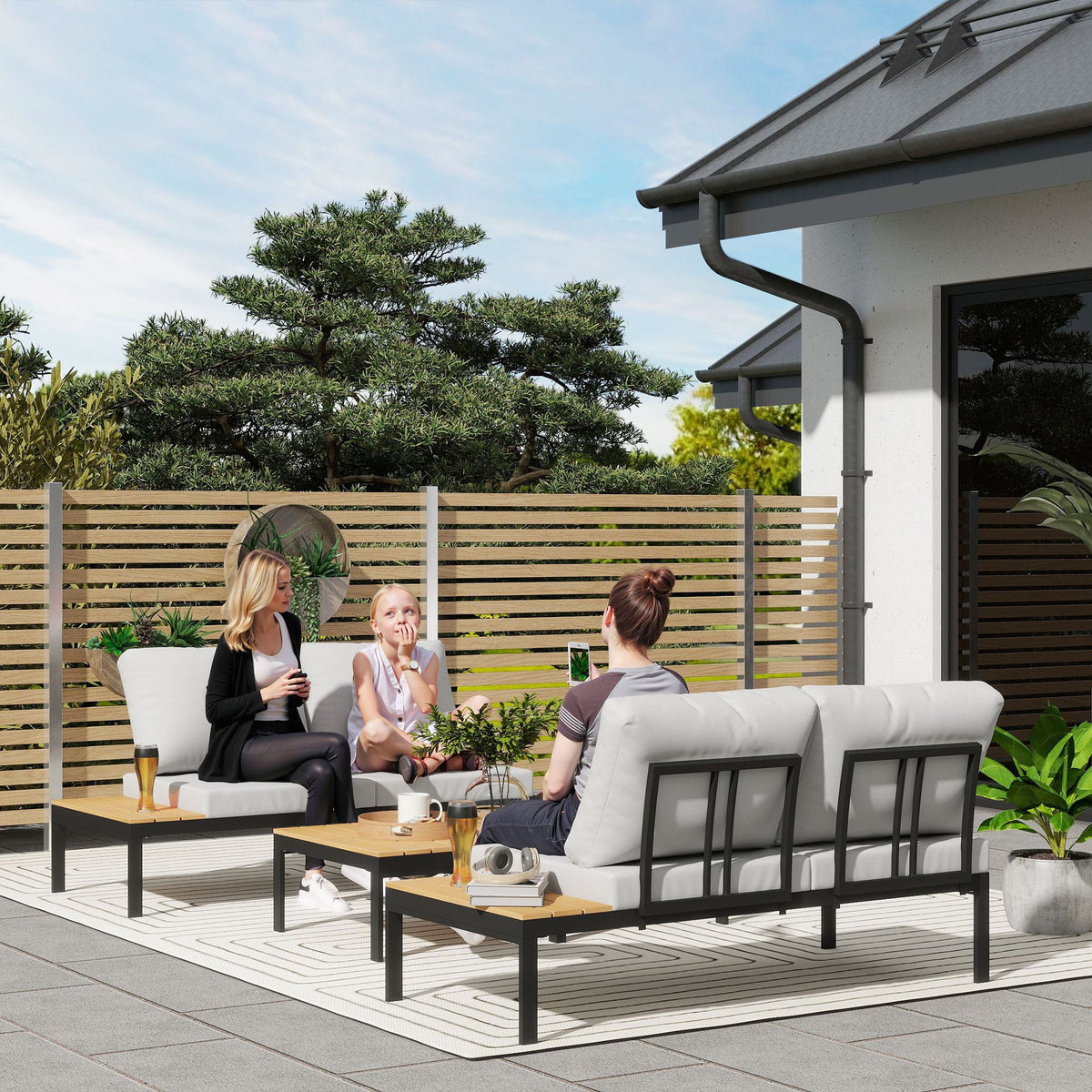 Ensemble mobilier de jardin en L 4 pièces avec 2 tables basses, Teak