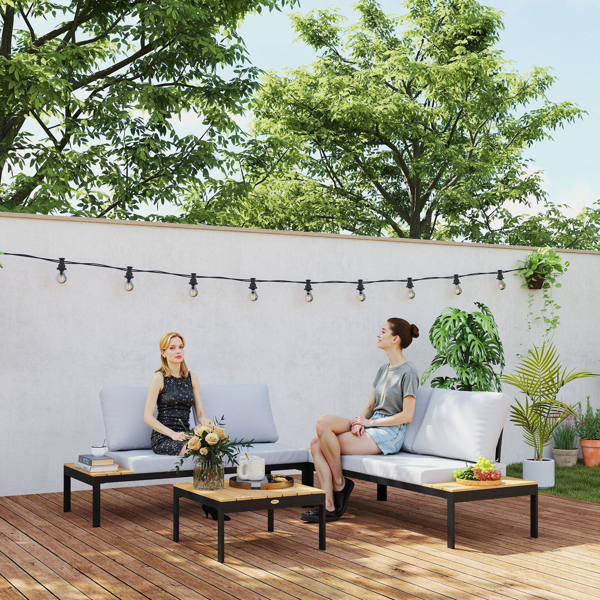 Ensemble mobilier de jardin en L 4 pièces avec 2 tables basses, Teak
