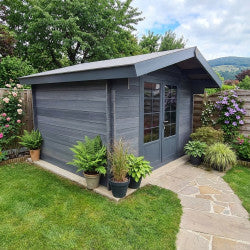 Abri de jardin en bois composite 28mm gris foncé 14,44m² double porte alu et double vitrage - WoodLife Garden - mon-abri-de-jardin.com