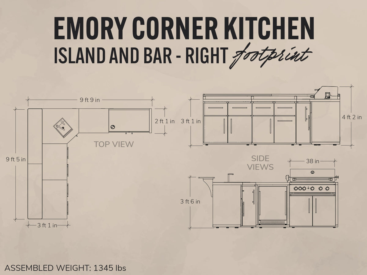 Emory | Îlot de cuisine extérieure d’angle avec places de bar et barbecue encastrable – droite