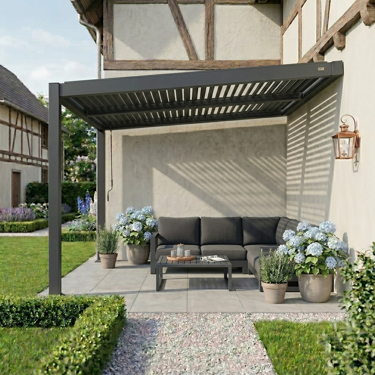 PURPLE LEAF Caesar – Pergola murale en aluminium à lames orientables avec toit réglable, drainage par gouttière dissimulée, gris foncé
