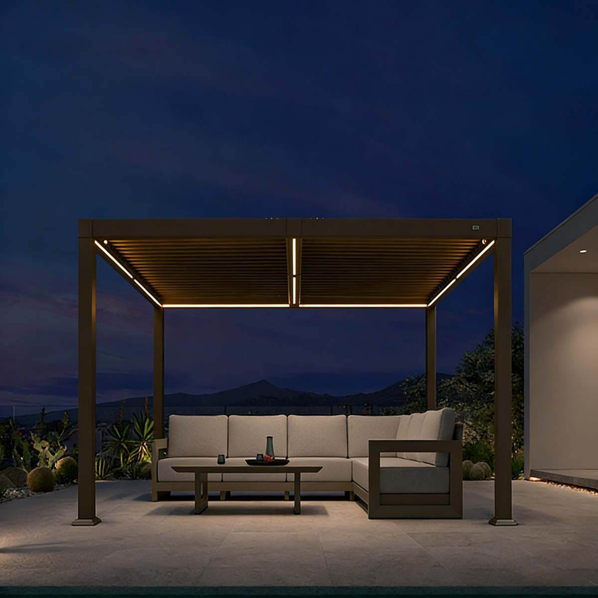 PURPLE LEAF Caesar – Pergola solaire extérieure en aluminium à lames orientables avec rubans LED, panneau de commande et toit réglable, bronze