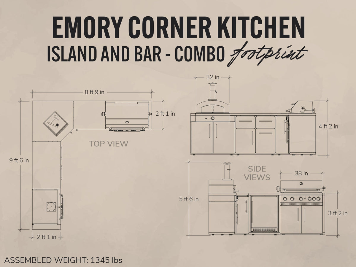 Emory | Îlot de cuisine extérieure d’angle avec barbecue encastrable et four à pizza