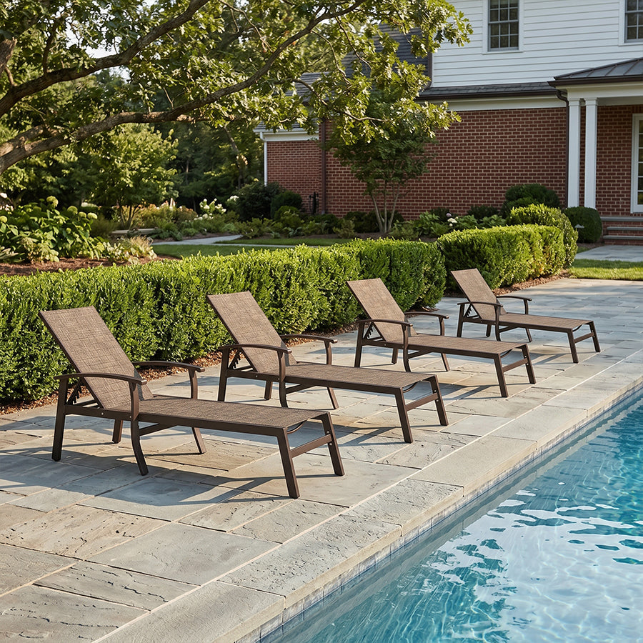 PURPLE LEAF – Chaise longue extérieure en aluminium avec table d’appoint, roulettes, accoudoirs et dossier réglable pour terrasse, piscine et plage