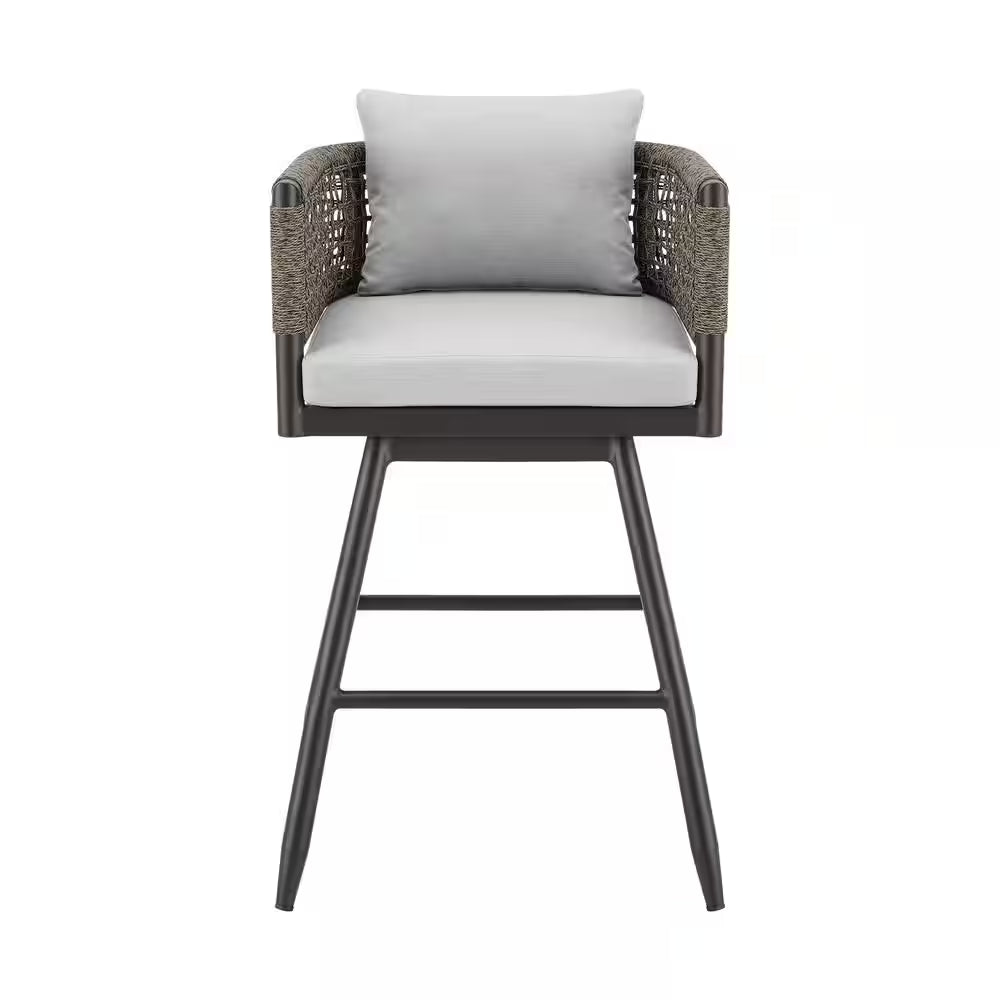 Tabouret de bar extérieur pivotant en aluminium, hauteur bar, avec coussin gris clair
