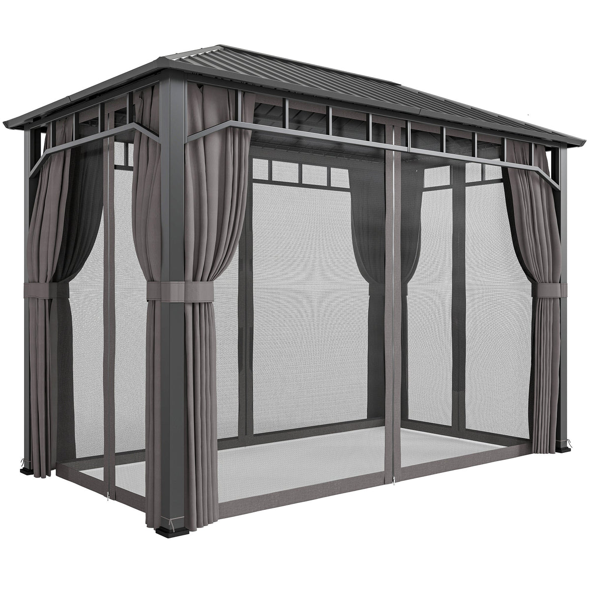 Pavillon à toit rigide 2 x 3.5 m avec toit galvanisé, moustiquaires et rideaux, gris foncé