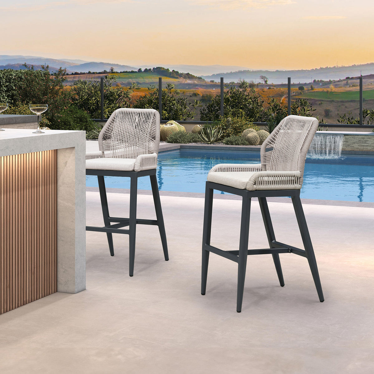 PURPLE LEAF – Lot de 4 tabourets de bar extérieurs en aluminium avec dossier, rotin tressé moderne style bohème pour jardin et piscine