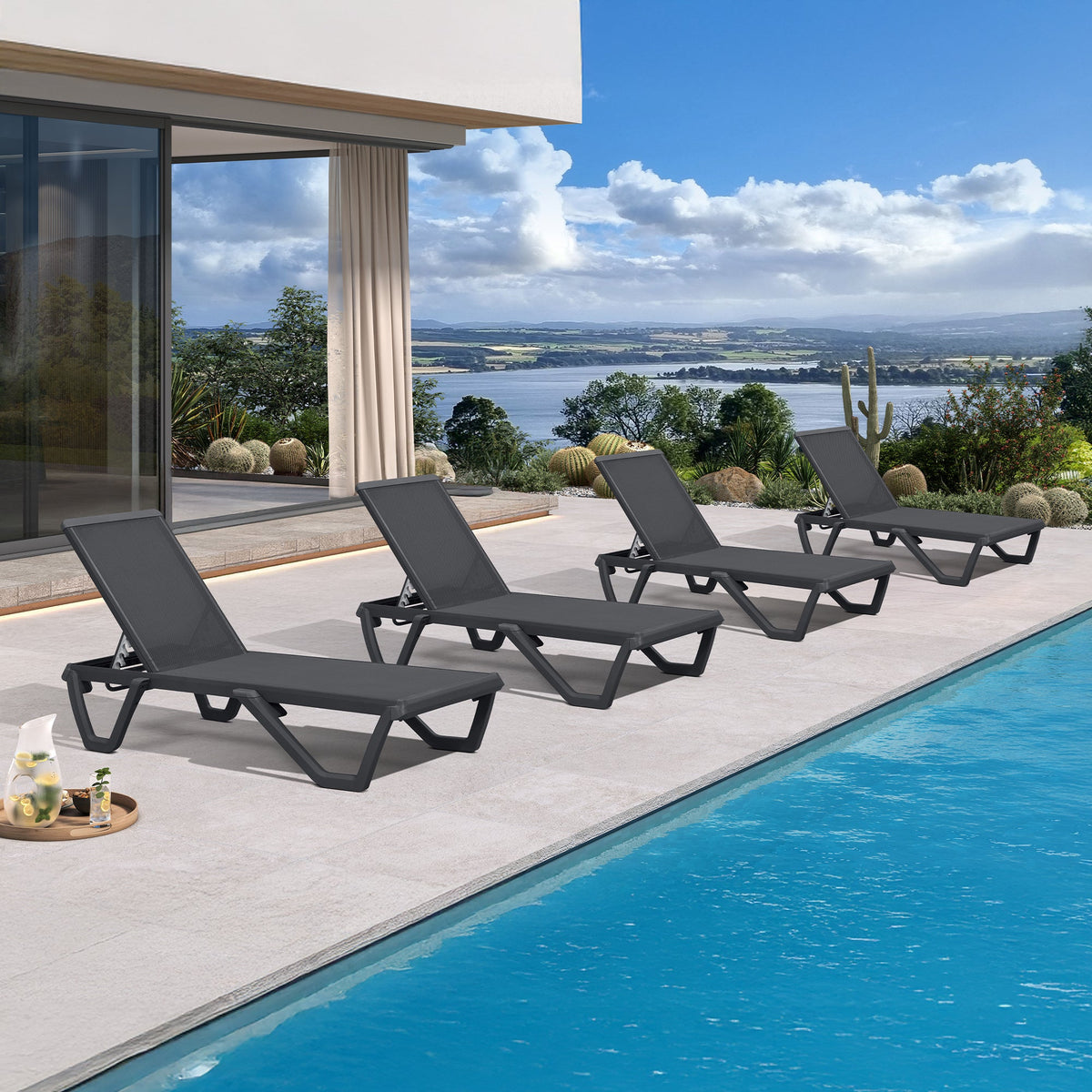 PURPLE LEAF – Chaise longue extérieure à 5 positions avec structure en aluminium et assise en Textilene, légère et durable pour terrasse et piscine