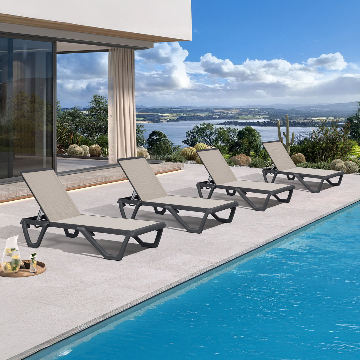 PURPLE LEAF – Chaise longue extérieure à 5 positions avec structure en aluminium et assise en Textilene, légère et durable pour terrasse et piscine