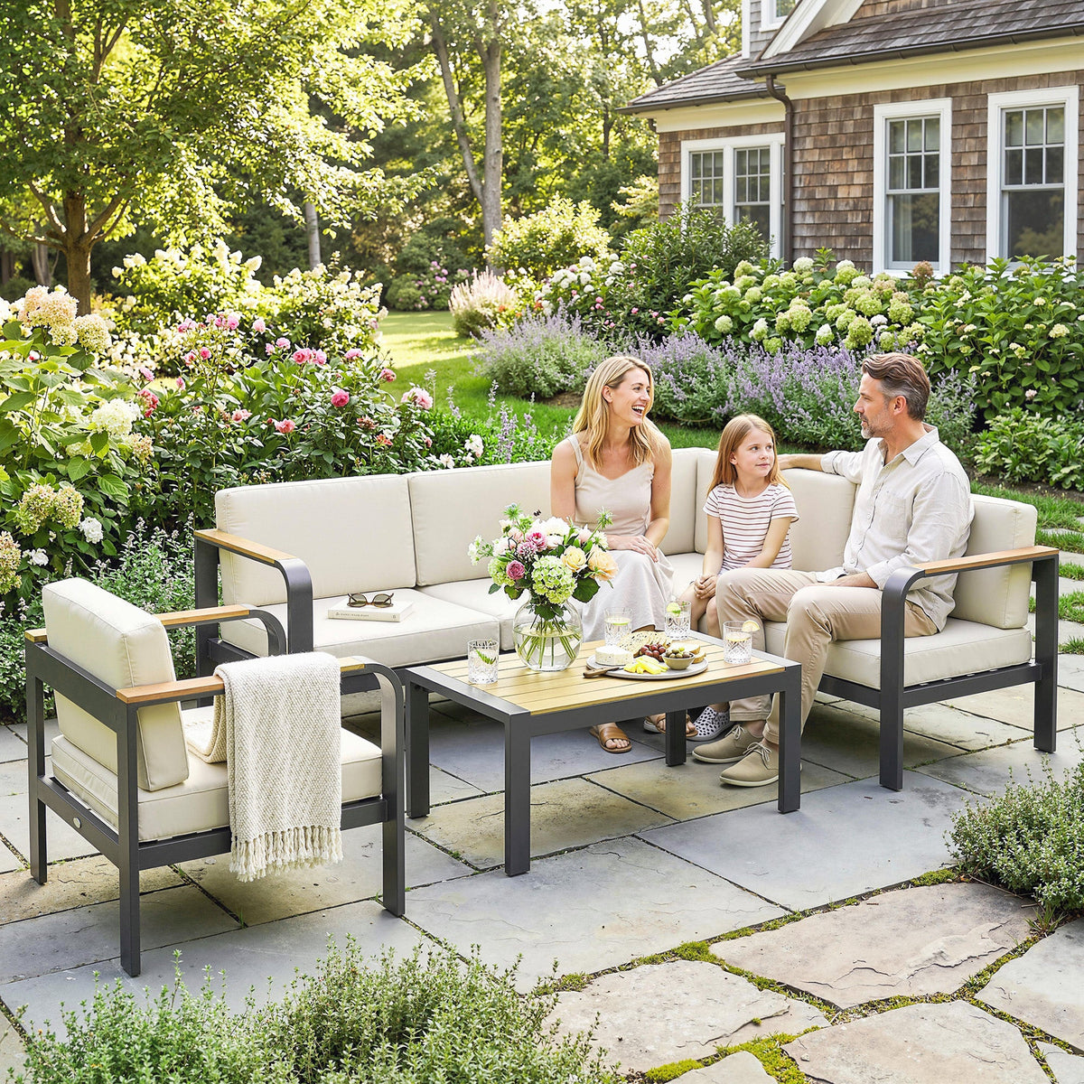 Ensemble canapé d’angle de jardin 3 pièces avec structure en aluminium et coussins en oléfine, beige