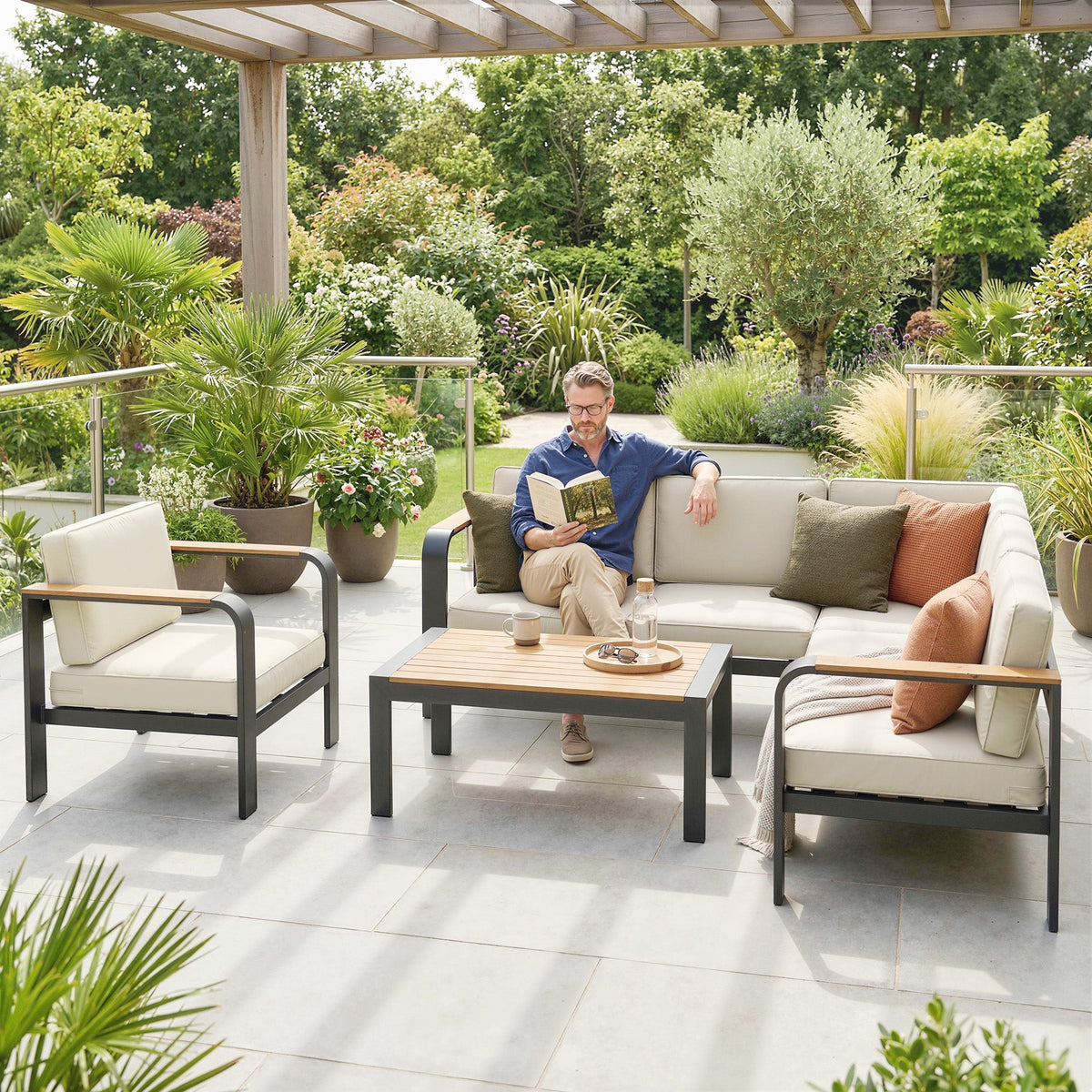 Ensemble canapé d’angle de jardin 3 pièces avec structure en aluminium et coussins en oléfine, beige