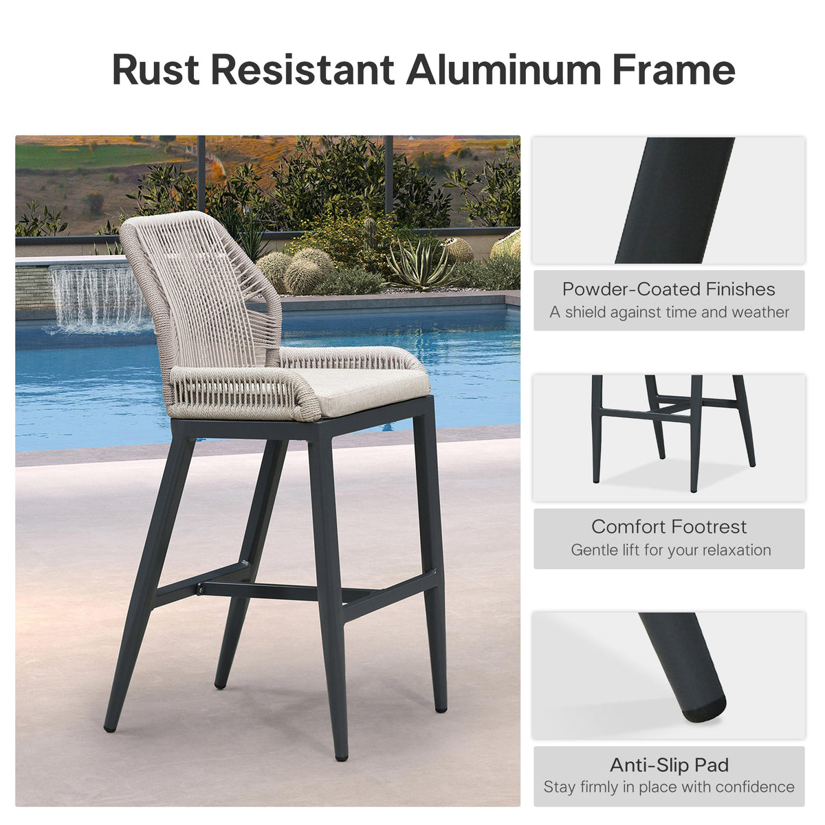 PURPLE LEAF – Lot de 4 tabourets de bar extérieurs en aluminium avec dossier, rotin tressé moderne style bohème pour jardin et piscine