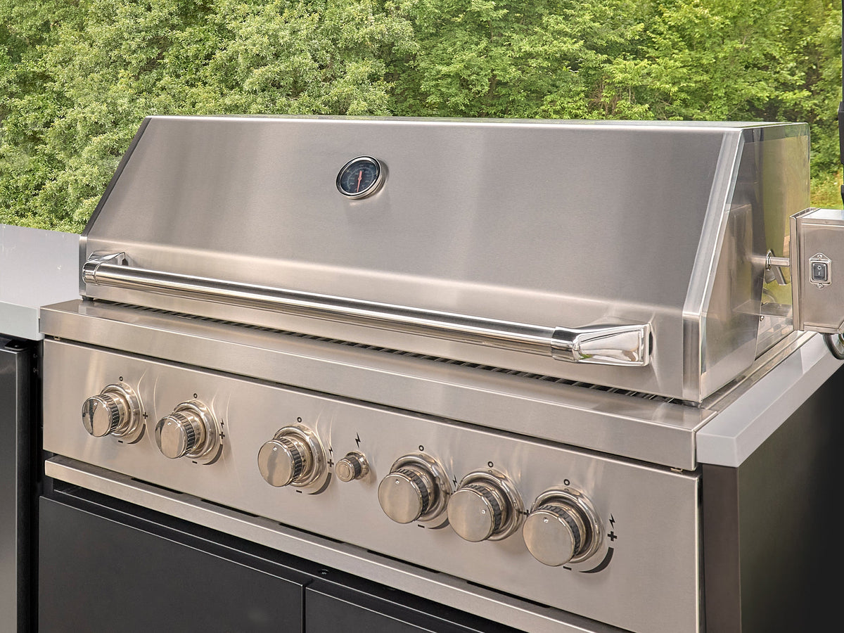 Emory | Îlot de cuisine extérieure d’angle avec places de bar et barbecue encastrable – droite