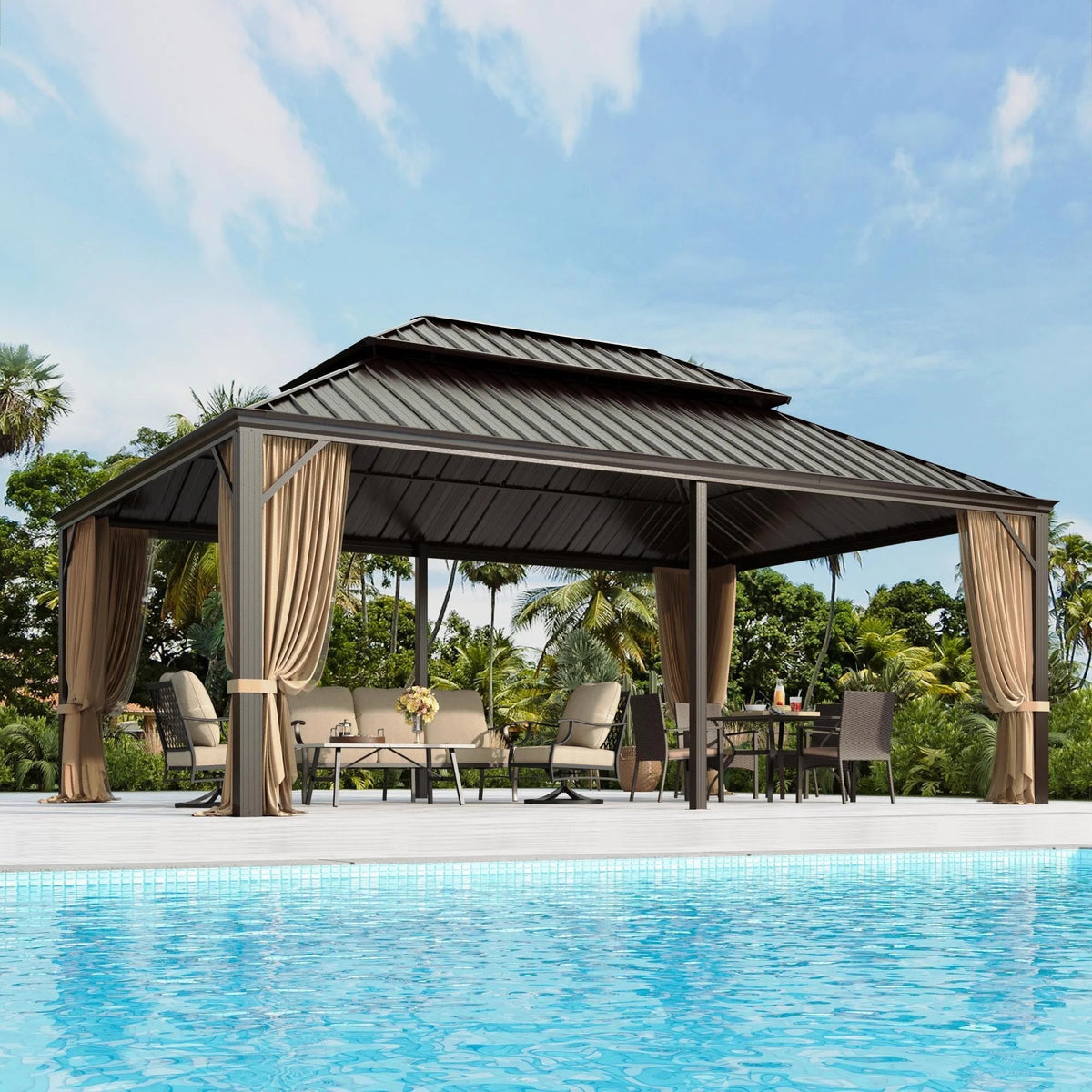 Erommy 14' X 20' – Pavillon de terrasse à toit rigide avec structure en aluminium, double toit en acier galvanisé, moustiquaires et rideaux, marron