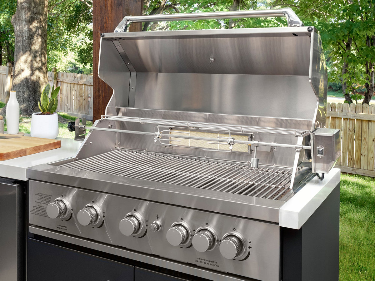 Emory | Îlot de cuisine extérieure d’angle avec places de bar et barbecue encastrable – droite