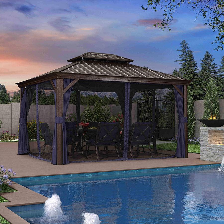 PURPLE LEAF – Pavillon extérieur à toit rigide pour terrasse, structure en aluminium bronze avec rideau bleu marine