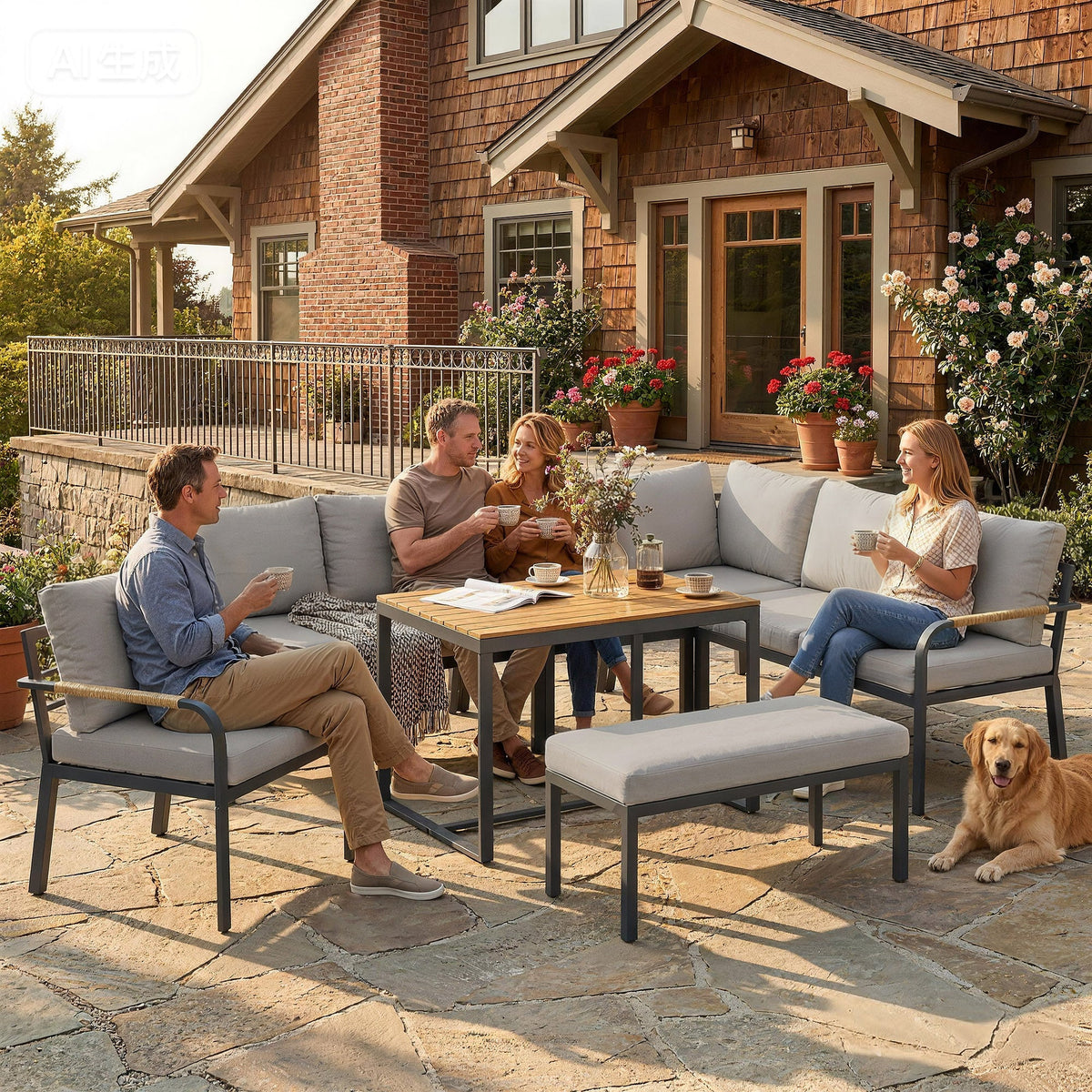 Ensemble mobilier de jardin 7 places avec table aspect bois, gris clair
