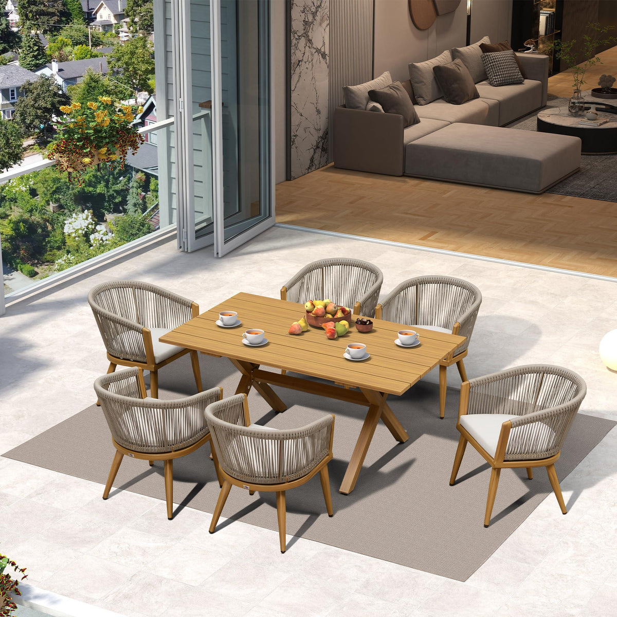 PURPLE LEAF – Ensemble repas extérieur toutes saisons en aluminium avec table effet bois, chaises tressées en corde et coussins de terrasse