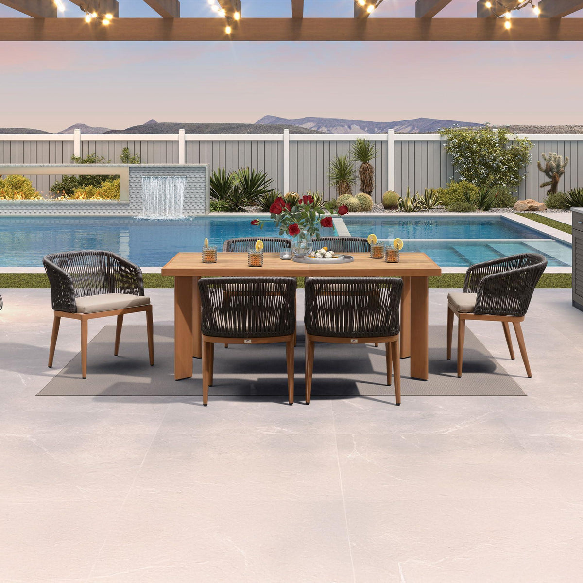PURPLE LEAF – Ensemble repas de terrasse avec coussins en tissu Sunbrella, table en aluminium et résine tressée toutes saisons