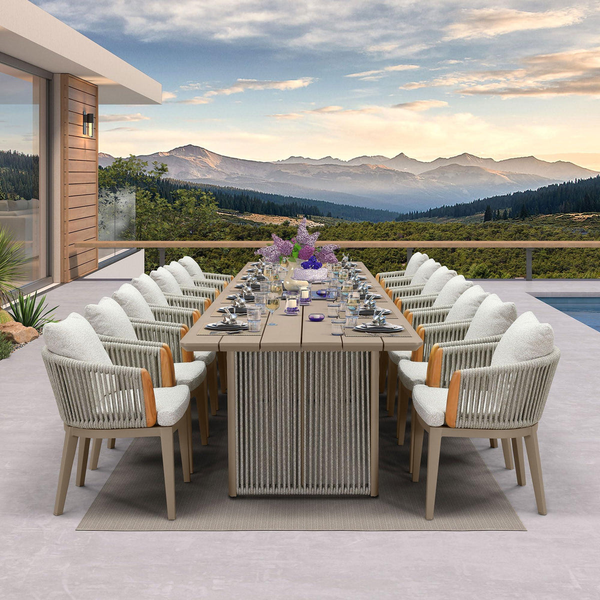 PURPLE LEAF Hailar – Ensemble repas extérieur familial avec table et chaises de terrasse en aluminium et coussins en oléfine