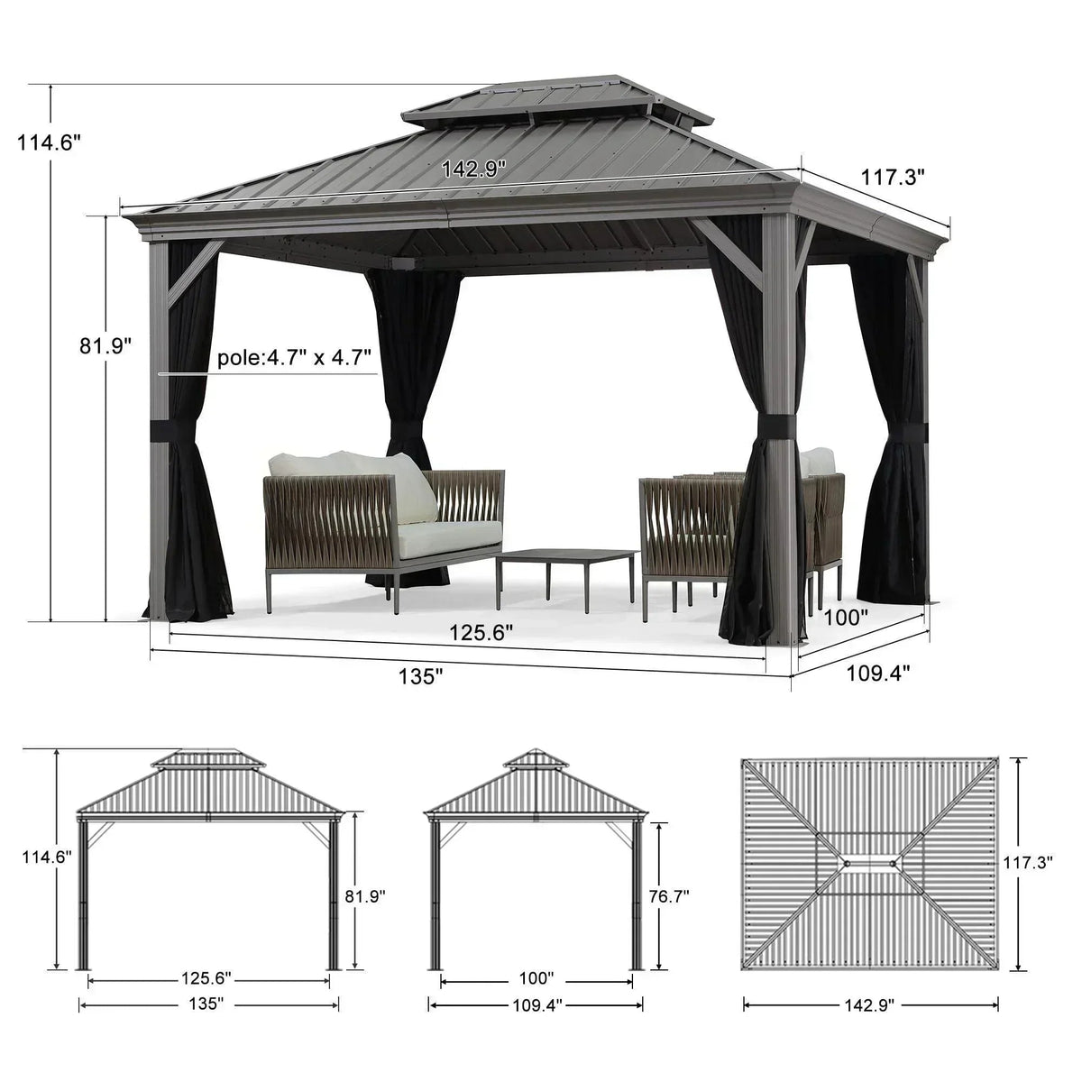 PURPLE LEAF – Pavillon de terrasse pour piscine, toit rigide gris clair en acier galvanisé avec rideaux améliorés