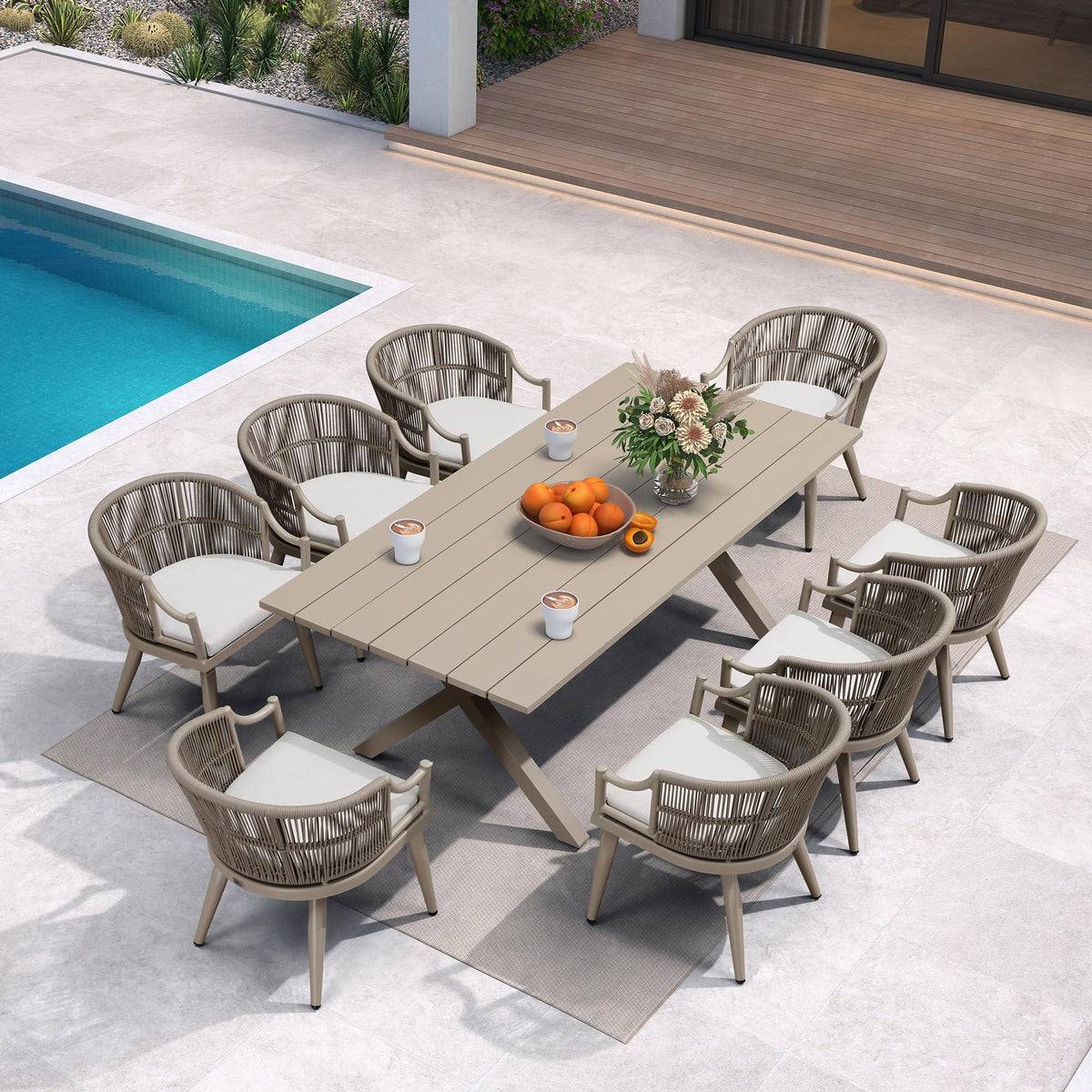 PURPLE LEAF – Ensemble repas extérieur toutes saisons en résine tressée avec table rectangulaire en aluminium et chaises modernes à accoudoirs
