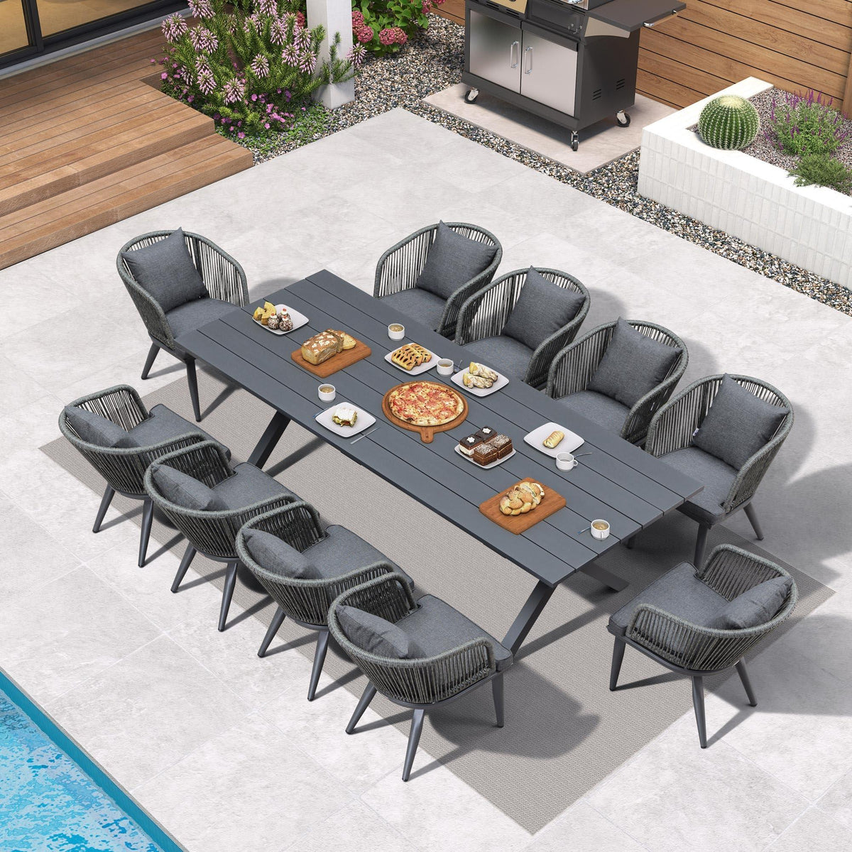PURPLE LEAF – Ensemble repas de terrasse avec table à structure en aluminium et chaises en résine tressée à la main, gris
