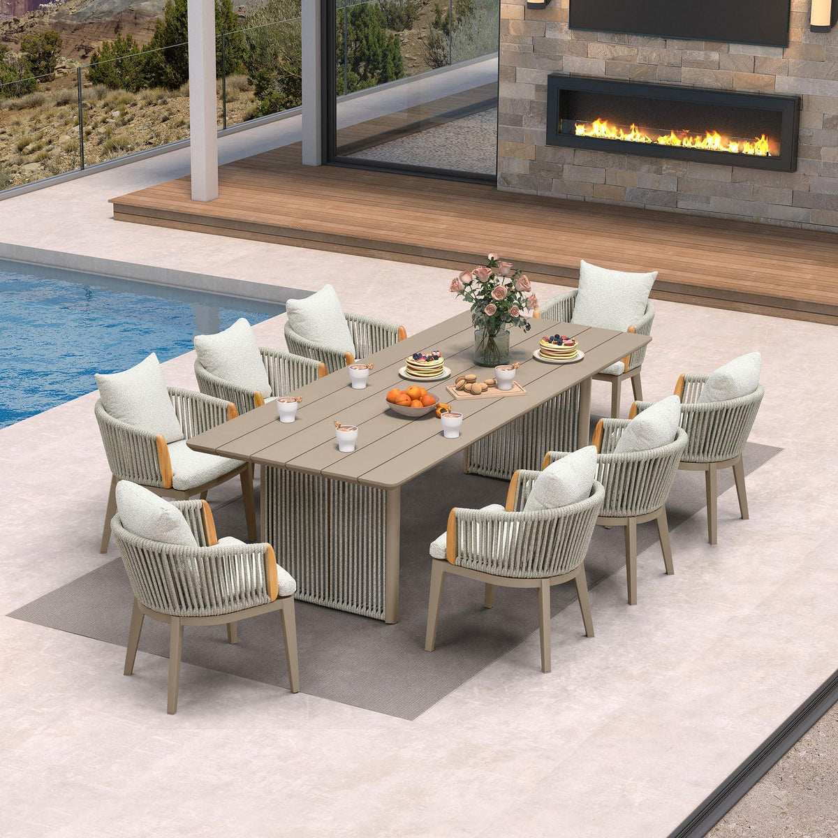 PURPLE LEAF Hailar – Ensemble repas extérieur familial avec table et chaises de terrasse en aluminium et coussins en oléfine